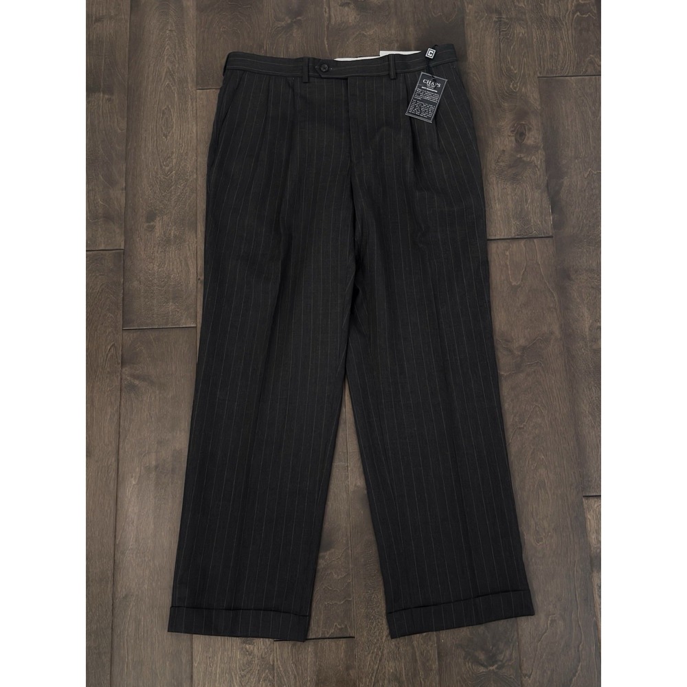 NWT Chaps Mens 100% Wool Dark Grey Pinstripe Pleated Dress Pants 34X30 Trousers